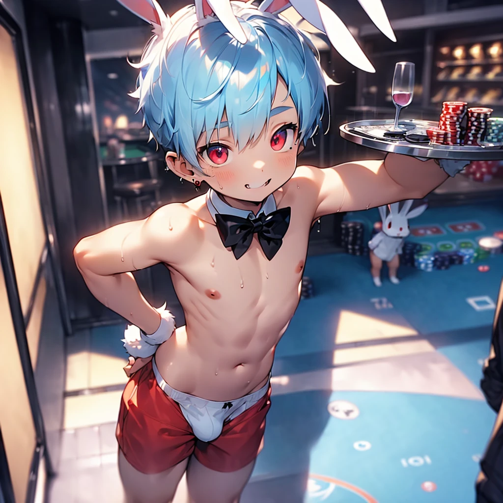(solo:2), (boldline:-1.7), (metal tray on his hand:1.3), (glass on tray:1.5), (black bow tie:1.5), (sexy pose:1.5), (arched back:1.2), (((fang))), (((best finger))), (((best hands))), (((best arms))), (((best legs))),BREAK (best quality:1.5), (absolutely resolution:1.5), (ultra detailed:1.5), (masterpiece:1.5), (perfect face), (detailed face), (detailed eyes), (best eyes), (cute face), (shota:2), BREAK (bunny costume:1.5), BREAK (white speedos:1.6), (see through wet clothes:1.2), (rabbit ears:1.5), (bunny tail on his hip:1.5), (bulge:1.6), (skinny:1.3), BREAK (light blue hair:1.5), (spiked hands), (wine red eyes:1.4), (eyes with highlight:1.6), ((mole under eye)), (sweaty skin), (smiling:1.3), ((earrings)), (shiny skin:1.3), BREAK (casino:1.5), (money:1.5), (((spot light))), ((wind blowing)), ((nipple)), (abs), (groin),