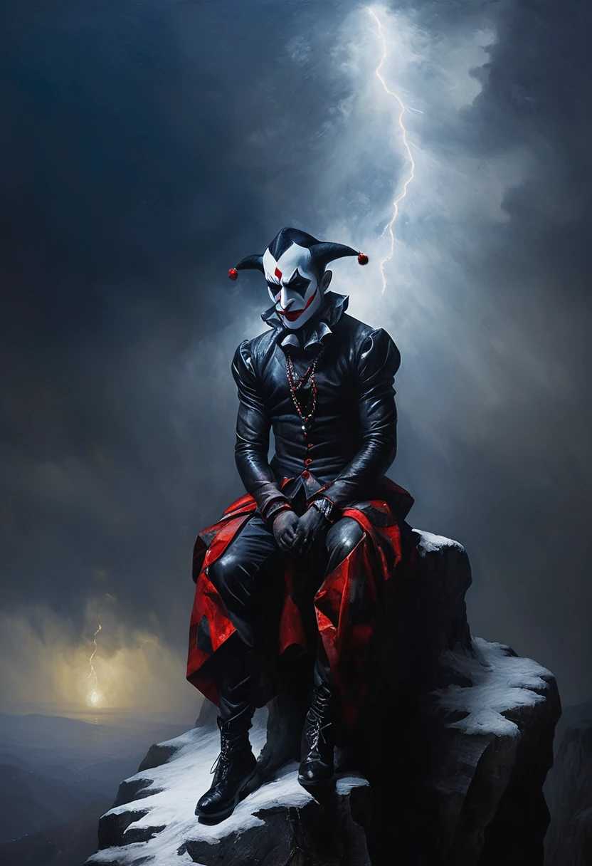 painting of a demonic sad harlequin, sits on a steep cliff with his legs dangling into the void, gloomy landscape snowstorm, dramatic, dynamic pose, cinematic scene, volumetric lights, ultra realistic, in the style of nicola samori