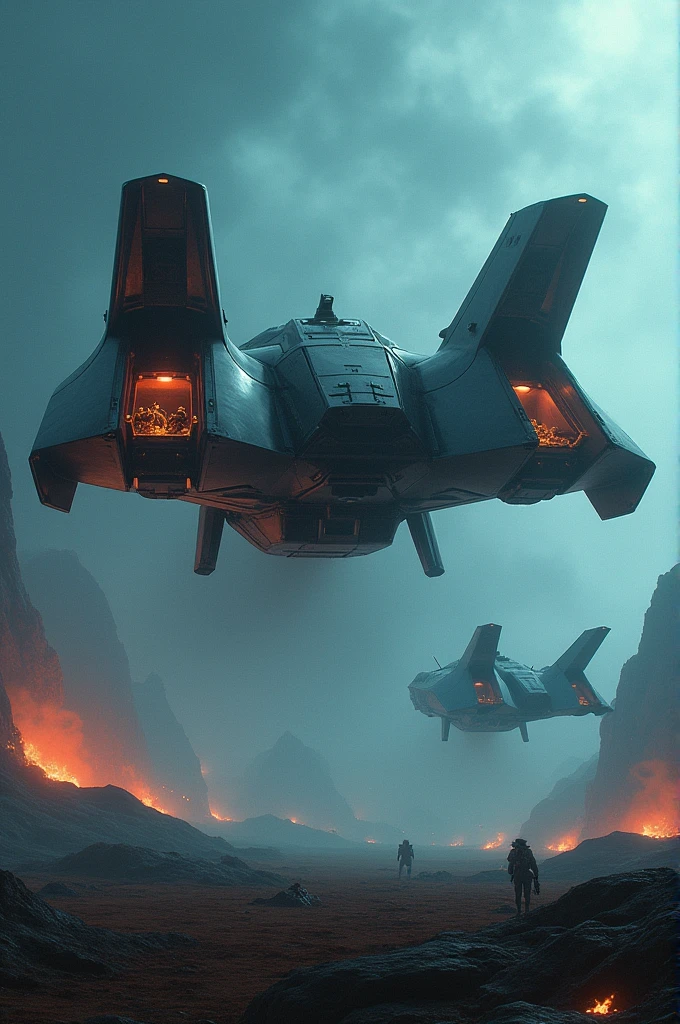 starship troopers arriving to spread democracy, futuristic space assault shuttles with ramps down, cinematic film still, depth of field, bokeh lighting background, hills burning with blue fire background
