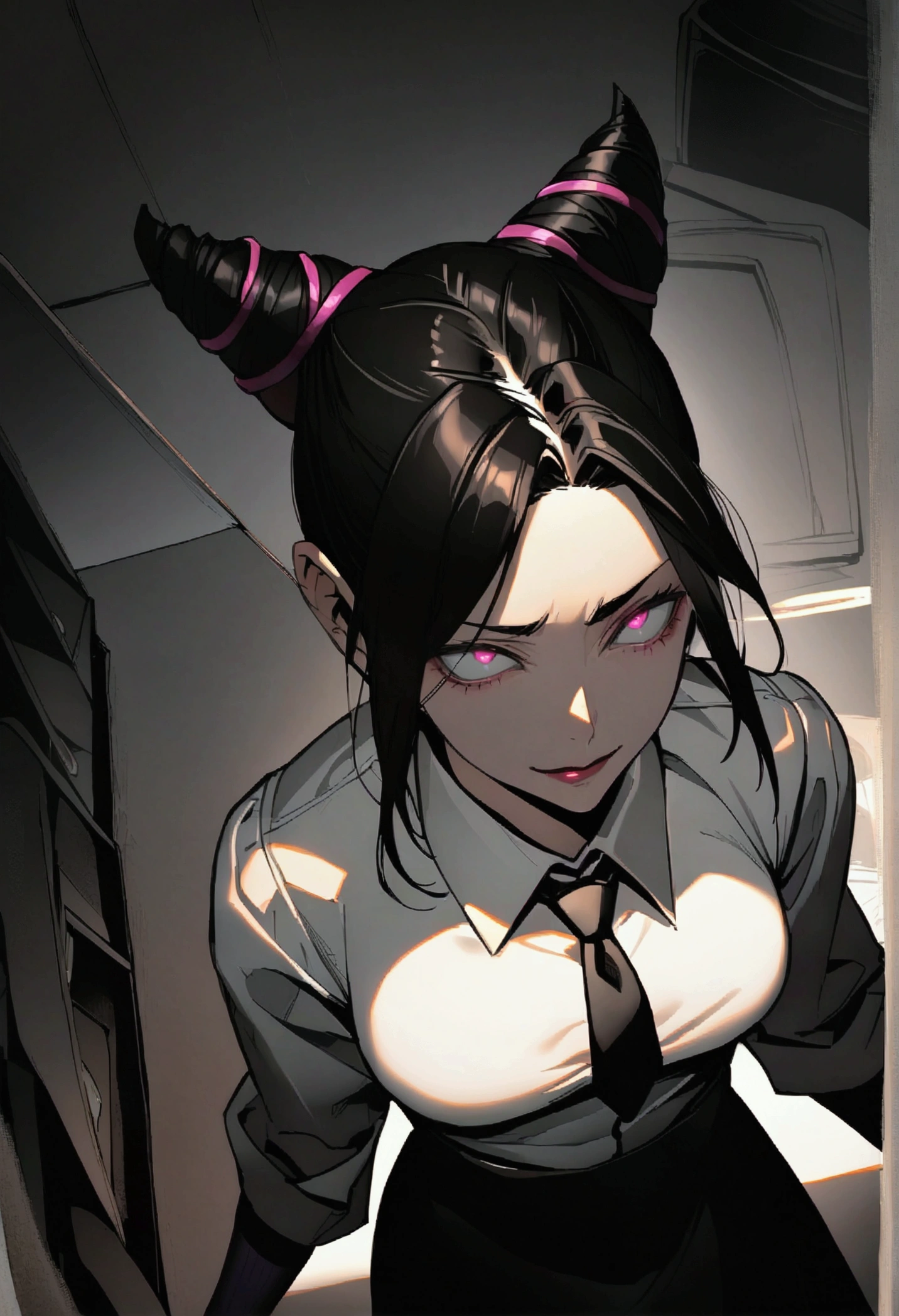 Juri Han, Artwork, fitted white secretary shirt with black tie, black high-waist skirt, skirt short,sock, Bblack hair, blackstockings,Evil smile,desk,bangs on the eyes,Lighting,horn of hair,view from above,staring overhead
