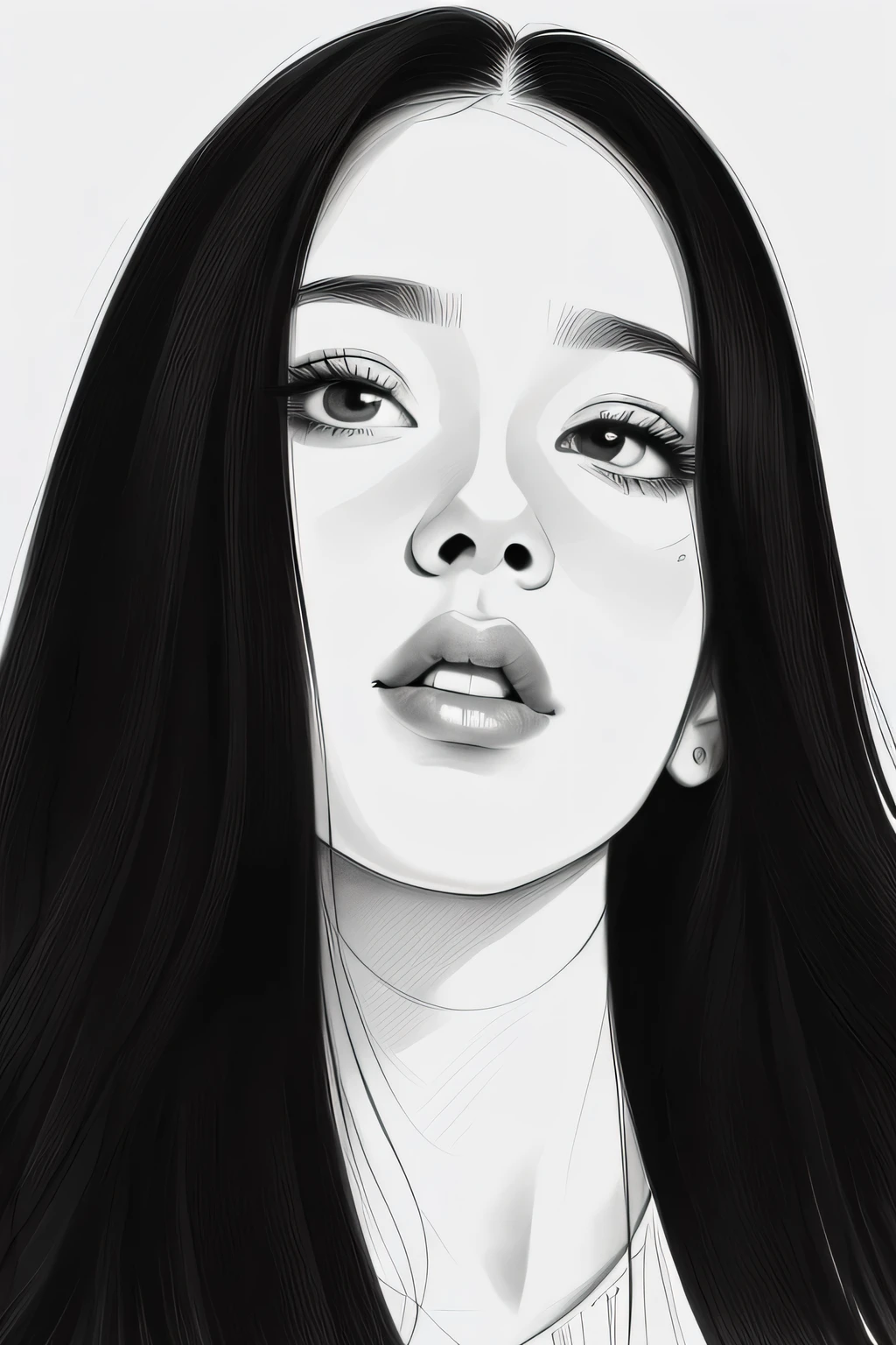 a close up of a woman with long black hair and a white shirt, portrait jisoo blackpink, digital sketch, digital drawing, digital portrait, digital illustration portrait, digital art portrait, portrait digital art, jisoo from blackpink, portrait of jossi of blackpink, drawn with photoshop, line art portrait, digital pencil painting, inspired by Sim Sa-jeong, digital 2d drawing