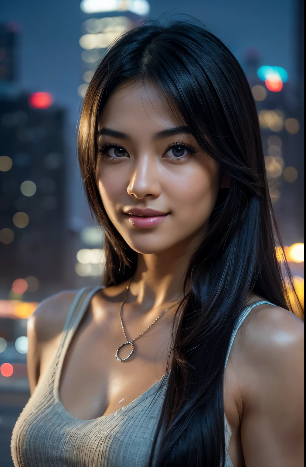 8k, Masterpiece artwork, RAW photograph, top-quality, photorrealistic, Highly detailed Unity 8k CG wallpaper, Depth of field, cinematic light, Lens flare, ray tracing, (very beautiful face, beautiful lips, gorgeous eyes), extreme detailed face, ((very detailed skin)) a girl, in dark, deep-shadows, beautiful asian girl, idol, (very lean and muscular body: 1,3), (((looking straight ahead)), (great smile: 1,3), (cityscape at night, nblurry background), (soft lighting, skyscrapers, Street), pretty girl, aretes, bracelet, necklase, clear eyes, walking, from front view, Bblack hair (long hair)