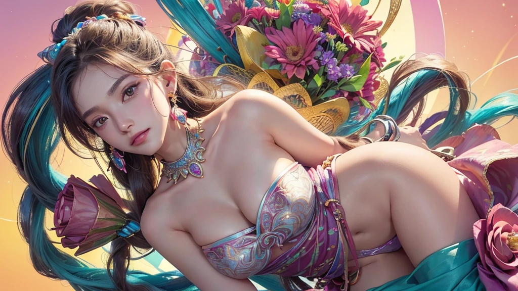 32K, 最高quality, 最高masterpiece, (ultra-Detailed Background, Detailed Background), High resolution, Super detailed, Very detailedな, One girl, (bouquet:1.3), (Tangled:1.2), (Geometric:1.2),(colorful),(masterpiece, quality, best quality, Official Art, Beautiful and beautiful:1.2), (1 girl:1.3), Very detailed,(colorful:1.1)(Flowers:1.3),Most detailed,(Tangled:1.2), whole body, (Abstract background:1.3), (Skin glows), (Many colors:1.4), ,(Earrings Jewelry:1.5), Gradient pink background,