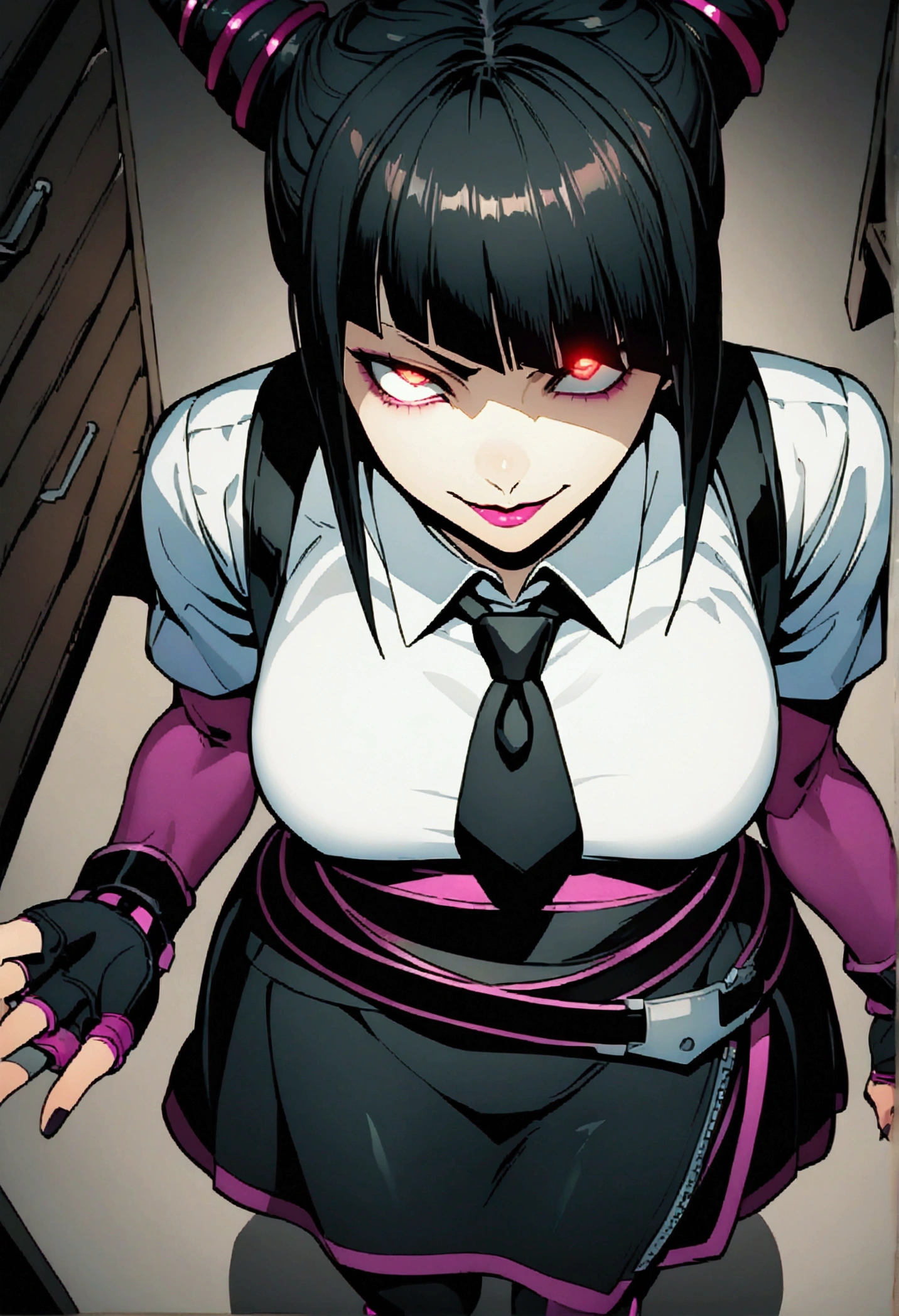 Juri Han, artwork, tight white secretary shirt with black tie, black high waist skirt, Short skirt,media, black fur, black stockings,office,bangs in the eyes,bravo,angry
,evil smile
