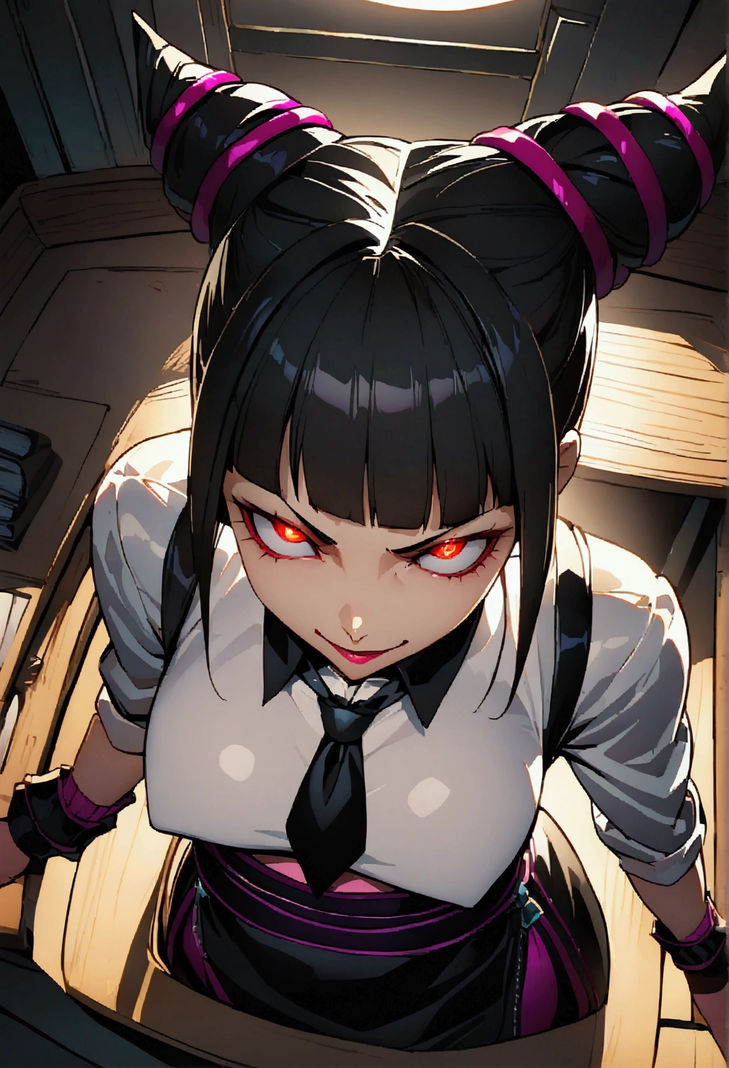 Juri Han, Artwork, fitted white secretary shirt with black tie, black high-waist skirt, skirt short,sock, Bblack hair, blackstockings,Evil smile,desk,bangs on the eyes,Lighting,horn of hair,view from above,staring overhead
