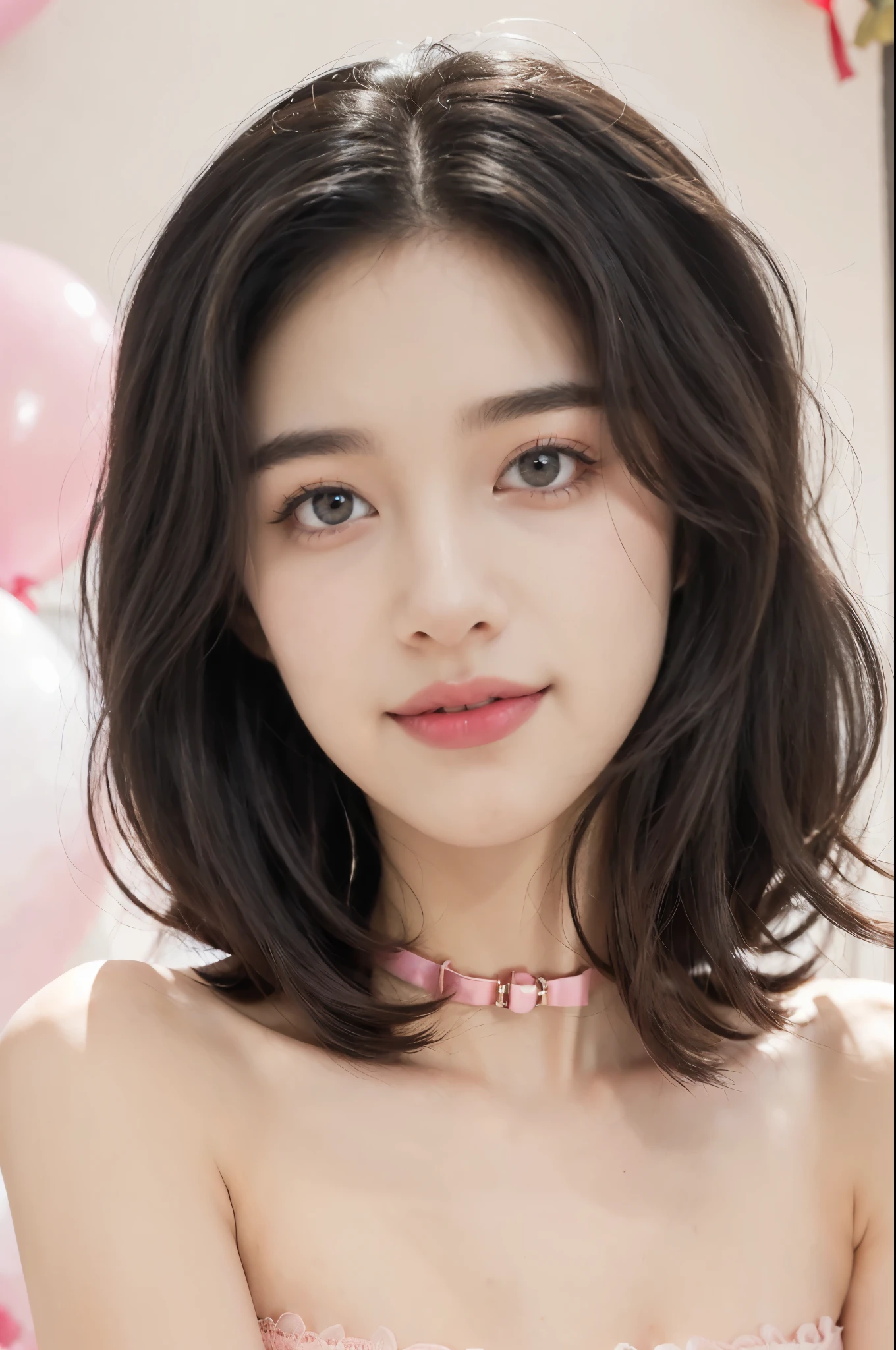 (((best quality))),(((ultra detailed))),(((masterpiece))),illustration,((1girl,solo)),(shoulder-length bob:1.2),(black hair:1.3),((bright eyes,flawless skin)),((slim,thin)),((small breasts,flat chest)),(dog collar with a bell:1.2),(strapless pink sheer bra:1.3),sweetheart neckline,innocent yet alluring,(In a pink princess theme bedroom:1.3),(colorful gift box:1.2),wonderful expression,big bows,festive atmosphere,balloons and streamers,sunlight streaming in,radiant smile,anticipation,joy and excitement,capturing a moment of pure happiness,((from front,close-up of face))