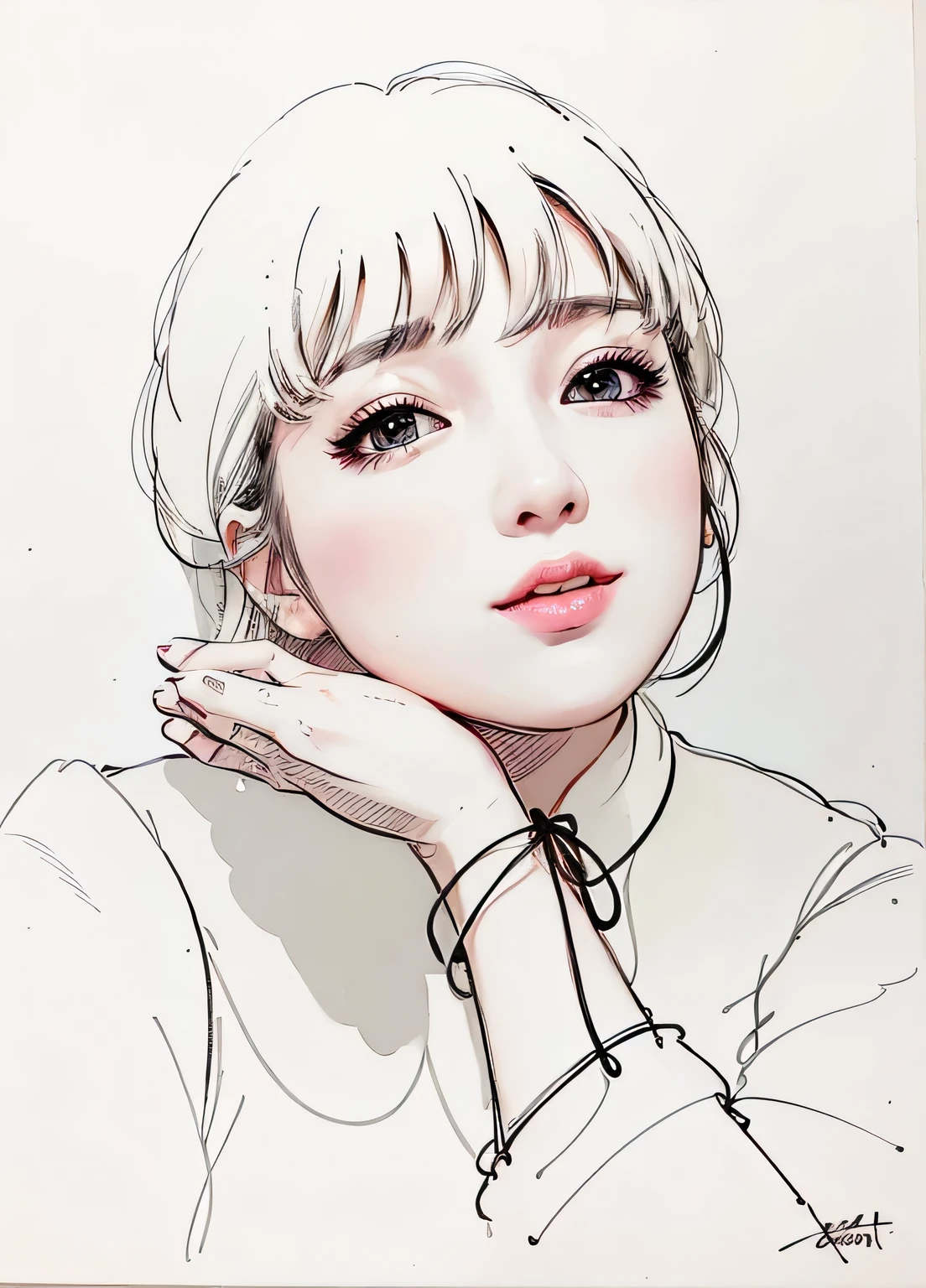 Photorealistic, Gloss on lips, Realistic, Best quality, Ultra-high resolution, Depth, pastel color, naturalshadow, Focus on the face, Just faces, looking at viewert, Long hair, Black hair, Brown and detailed eyes, Black dress, mitts, Anatomically correct
