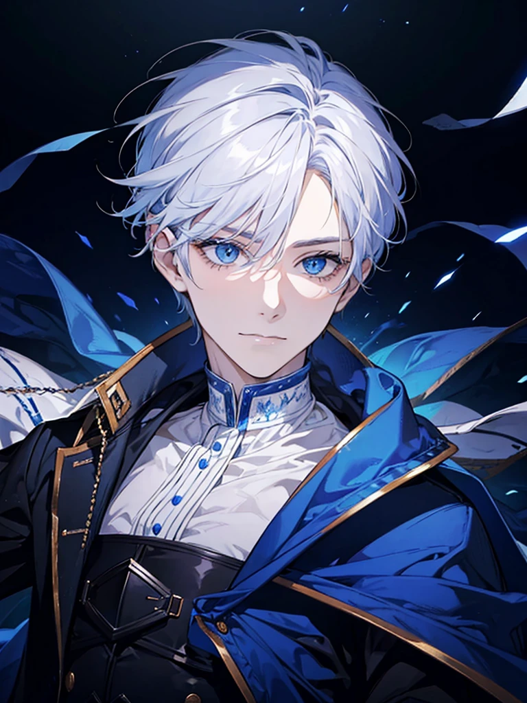boy, blue eyes, white short wavy hair, cool boy, handsome boy. sadistic smile. noble. intimidation