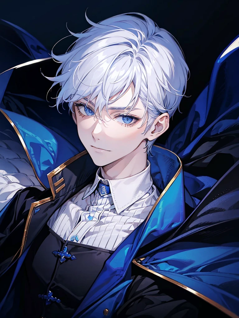 boy, blue eyes, white short wavy hair, cool boy, handsome boy. sadistic smile. noble. intimidation
