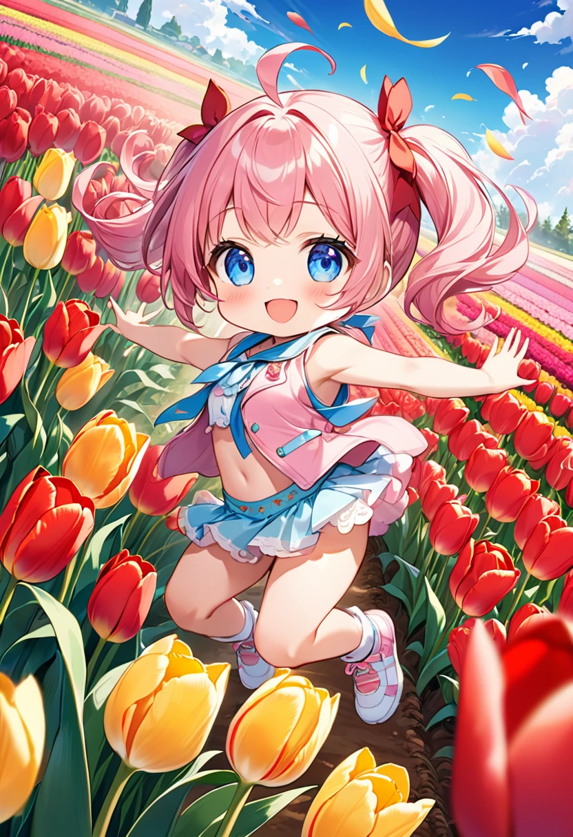 Highest quality、High resolution、Detailed Background、Beautiful face in every detail、Anatomically correct、Detailed facial expressions、fine grain、((full body, from below:1.8, side shot)), break ((One Girl:1.2)、(Chibi Girl:1.2))、Cute hair color、Big beautiful blue eyes、Fuller lips、Pink Lips、Braided twin tails、Ahoge、(Sprinting through the tulip fields:1.2、Beautiful forms、forward leaning posture:1.2)、(Cute sleeveless spring outfit、mini skirt、Cute sneakers)、break ((Jumping:1.2))、((stretch both arms horizontally:1.0))、I have nothing in my hands、(Happy expression:1.2、Big smile:1.2)、Running pose、break (The background is the spring sky、Spring Clouds、Flower storm、Big Frog)