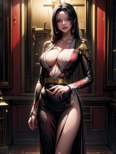 masterpiece, (Realistic:1.5), Highest quality, Beautiful lighting, Real Life, boa hancock, (only solo people ), 2 or more people NG, (perfect anatomy) , Bondage dress, Black Whip, beautiful , large breasts , Cleavage, Slim waist, smile, , standing alone, , Sweat-soaked skin, , Attention to detail, Sharp focus, dramatic, (RAW Photos, 8K Ultra HD, Film Grain), Caustics, Scattered beneath the surface, reflection