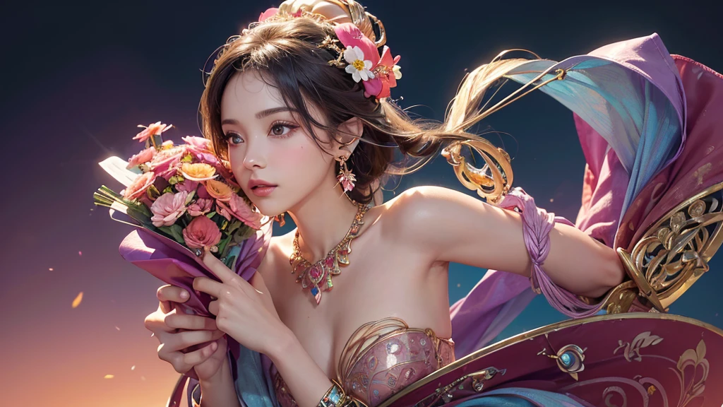 32K, 最高quality, 最高masterpiece, (ultra-Detailed Background, Detailed Background), High resolution, Super detailed, Very detailedな, One girl, (bouquet:1.3), (Tangled:1.2), (Geometric:1.2),(colorful),(masterpiece, quality, best quality, Official Art, Beautiful and beautiful:1.2), (1 girl:1.3), Very detailed,(colorful:1.1)(Flowers:1.3),Most detailed,(Tangled:1.2), whole body, (Abstract background:1.3), (Skin glows), (Many colors:1.4), ,(Earrings Jewelry:1.5), Gradient pink background,