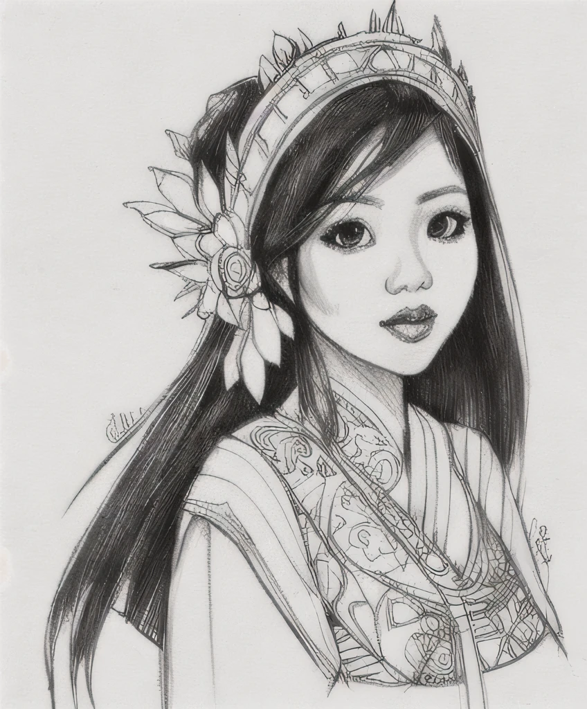 1 indonesian girl, balinese outfit,sketch artstyle, graycale, monochrome, ((solo))