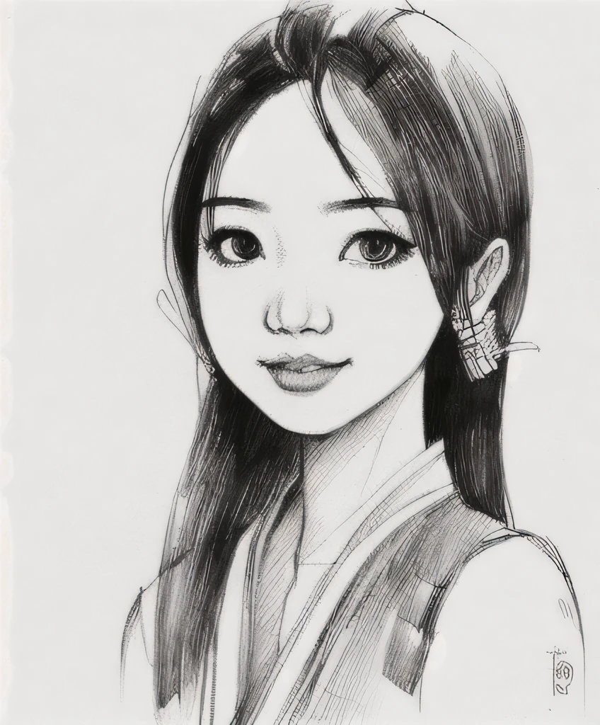 1 indonesian girl, kebaya,sketch artstyle, graycale, monochrome, ((solo))