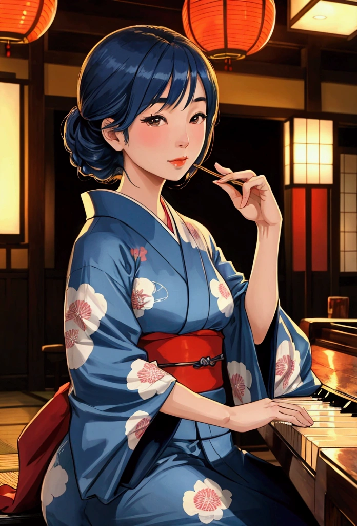 A beautiful Japanese woman in a kimono plays bluesy piano in a 1930s bar in the American South.