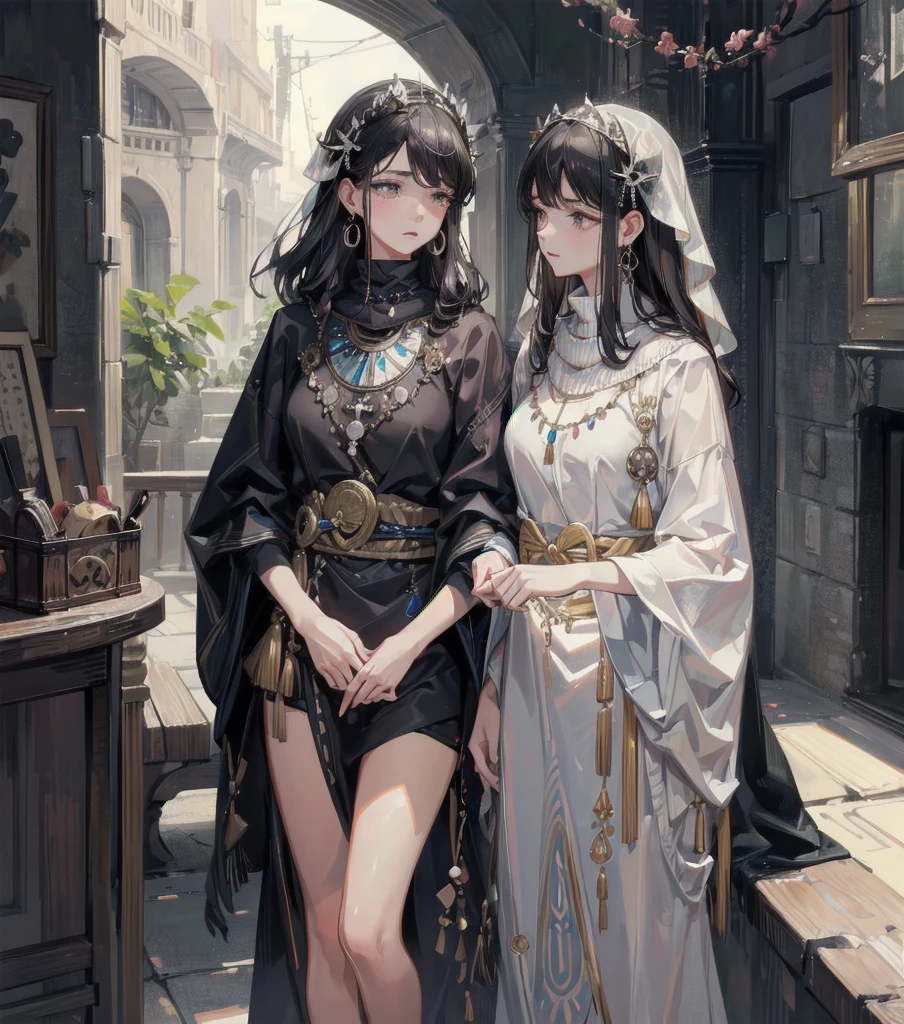 absurdres, RAW photo, extremely delicate and beautiful, masterpiece, Best Quality, ultra high resolution, 32k, hyperrealistic, ultra-detailed, delicate facial features, beautiful detailed woman, tearful mole, earring, medium breasts, full body shot, medium hair, black hair, 2 girls, yuri, ((Tribe poncho)),