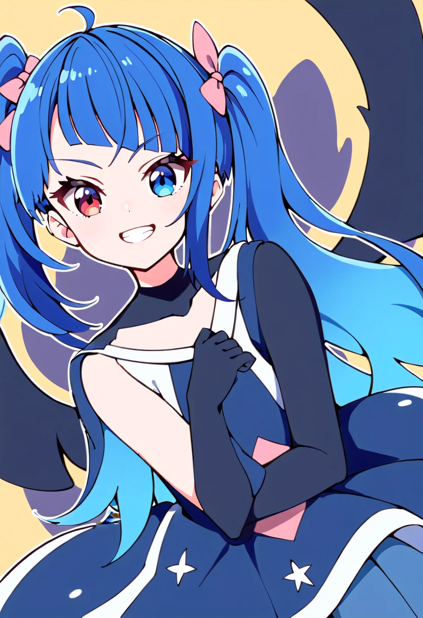 ((Top Quality)), ((Excellent)), (Detailed), Perfect face 1 girl, alone, long hair, looking at viewer, bangs, blue eyes, red eyes, gloves, dress, bow, pigtails, jewelry, blue hair, redhead, wings, shining, heterochromia iridum, magical girl, clenching teeth, 2 heavy personality, black wings, dark person, transformation, corruption, split theme