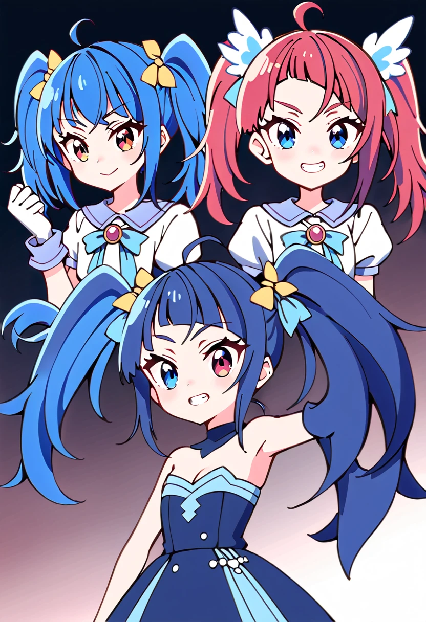 ((Top Quality)), ((Excellent)), (Detailed), Perfect face 1 girl, alone, long hair, looking at viewer, bangs, blue eyes, red eyes, gloves, dress, bow, pigtails, jewelry, blue hair, redhead, wings, shining, heterochromia iridum, magical girl, clenching teeth, 2 heavy personality, black wings, dark person, transformation, corruption, split theme
