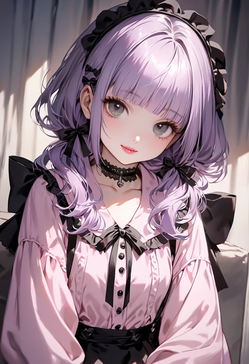 (Cute a girl:1.5), (a girl with closs hair pin, pale purple hair, low twintail, blunt bangs hair, green and black eyes, closs hair pin,pink lips,
pink shirt,cosplay, jirai kei, bangs, black skirt, black bow, looking at viewer, bow, long sleeves, choker, ribbon,smiling,
:1.4), anime visual, (tilt head:1.3), realistic lighting and shading,muted colors,soft focus, (an extremely delicate and beautiful art:1.3),The background is white,
