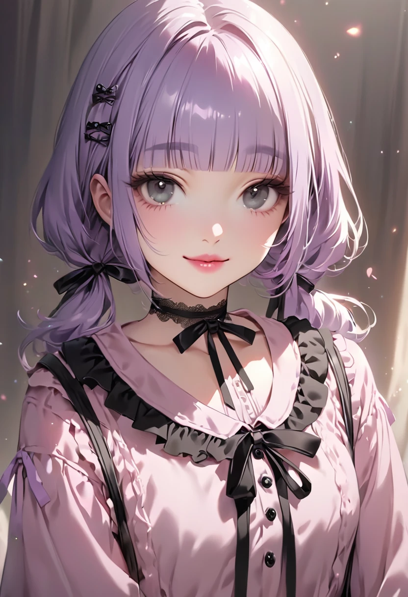 (Cute a girl:1.5), (a girl with closs hair pin, pale purple hair, low twintail, blunt bangs hair, green and black eyes, closs hair pin,pink lips,
pink shirt,cosplay, jirai kei, bangs, black skirt, black bow, looking at viewer, bow, long sleeves, choker, ribbon,smiling,
:1.4), anime visual, (tilt head:1.3), realistic lighting and shading,muted colors,soft focus, (an extremely delicate and beautiful art:1.3),The background is white,