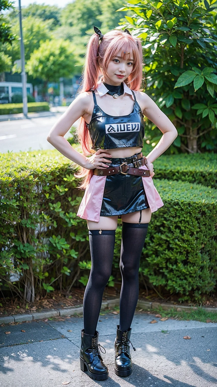 (8k、RAW Photos、Highest quality、masterpiece:1.2)、(Realistic、Realistic)、1 girl、((Pink Hair、Twin tails、mini skirt、Tube top、black、Thin legs、whole body、boots、one piece、tights、View from the front、Looking into the camera、belt、Stand with hands on hips))、cute