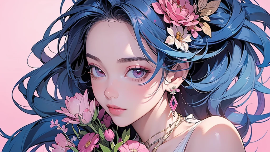 32K, 最高quality, 最高masterpiece, (ultra-Detailed Background, Detailed Background), High resolution, Super detailed, Very detailedな, One girl, (bouquet:1.3), (Tangled:1.2), (Geometric:1.2),(colorful),(masterpiece, quality, best quality, Official Art, Beautiful and beautiful:1.2), (1 girl:1.3), Very detailed,(colorful:1.1)(Flowers:1.3),Most detailed,(Tangled:1.2), whole body, (Abstract background:1.3), (Skin glows), (Many colors:1.4), ,(Earrings Jewelry:1.5), Gradient pink background,