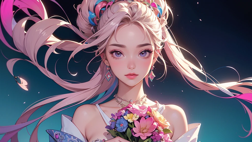 32K, 最高quality, 最高masterpiece, (ultra-Detailed Background, Detailed Background), High resolution, Super detailed, Very detailedな, One girl, (bouquet:1.3), (Tangled:1.2), (Geometric:1.2),(colorful),(masterpiece, quality, best quality, Official Art, Beautiful and beautiful:1.2), (1 girl:1.3), Very detailed,(colorful:1.1)(Flowers:1.3),Most detailed,(Tangled:1.2), whole body, (Abstract background:1.3), (Skin glows), (Many colors:1.4), ,(Earrings Jewelry:1.5), Gradient pink background,