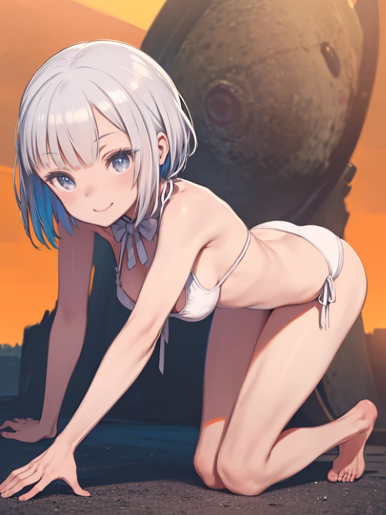 [Elena], [Street Fighter], ((masterpiece)), ((Solo Portrait)), ((Front view)), ((cute)), ((High resolution)), ((anime)), ((Detailed shading)), ((Intricate details)), [Beautiful woman; (Dark Skin), (Beautiful light gray eyes, Short white hair, short eyelashes, big , (Cleavage), (Sexy ass), (Well-defined leg muscles), (barefoot)], {(White Bikini), (Colorful neckwear), (Colorful Armwear)}, {(Smile)}], {(On my knees), (On all fours), (Hands on the ground)}, [background; (Savannah), (Open grassland), sunny, (Orange sky)]