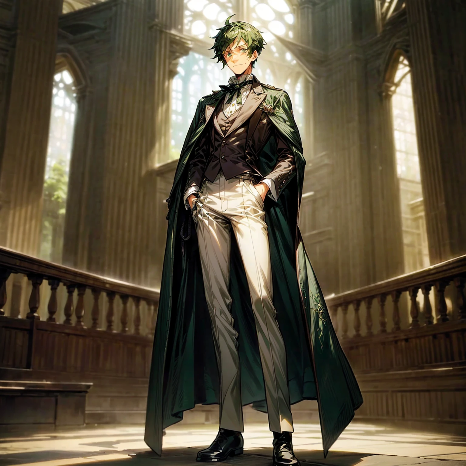 Solo character, old man, tall height, full body version, green colour hair, short haircut, formal suit clothing, white color clothing, brown pants, boots, gloves, indoor, medieval, Castle, top hat pandora, (moustache), (black clover style art), detailed clothing, detailed hair, detailed background, standing gesture, blue fire in hand, smile mouth,