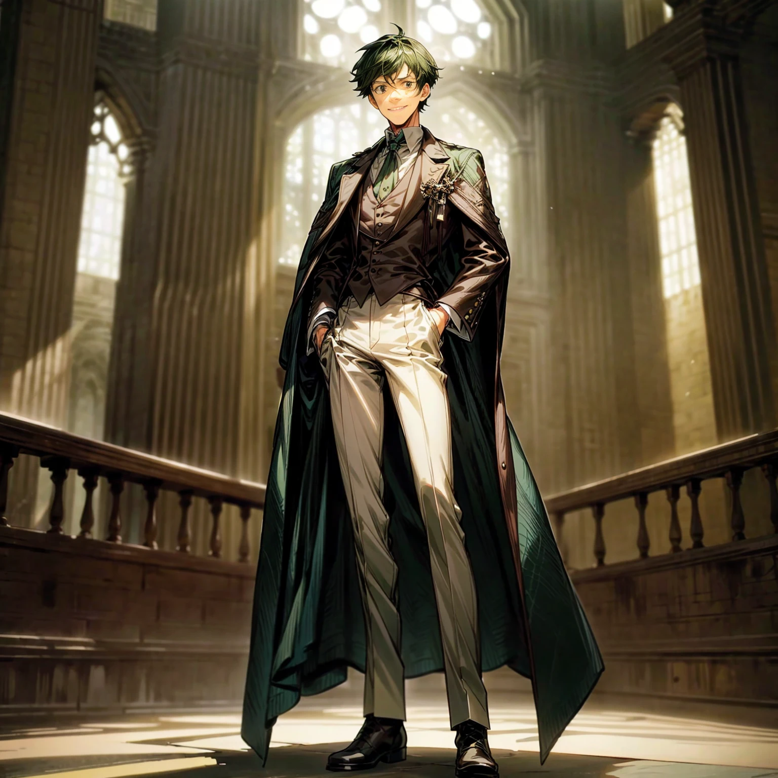 Solo character, old man, tall height, full body version, green colour hair, short haircut, formal suit clothing, white color clothing, brown pants, boots, gloves, indoor, medieval, Castle, top hat pandora, (moustache), (black clover style art), detailed clothing, detailed hair, detailed background, standing gesture, blue fire in hand, smile mouth,