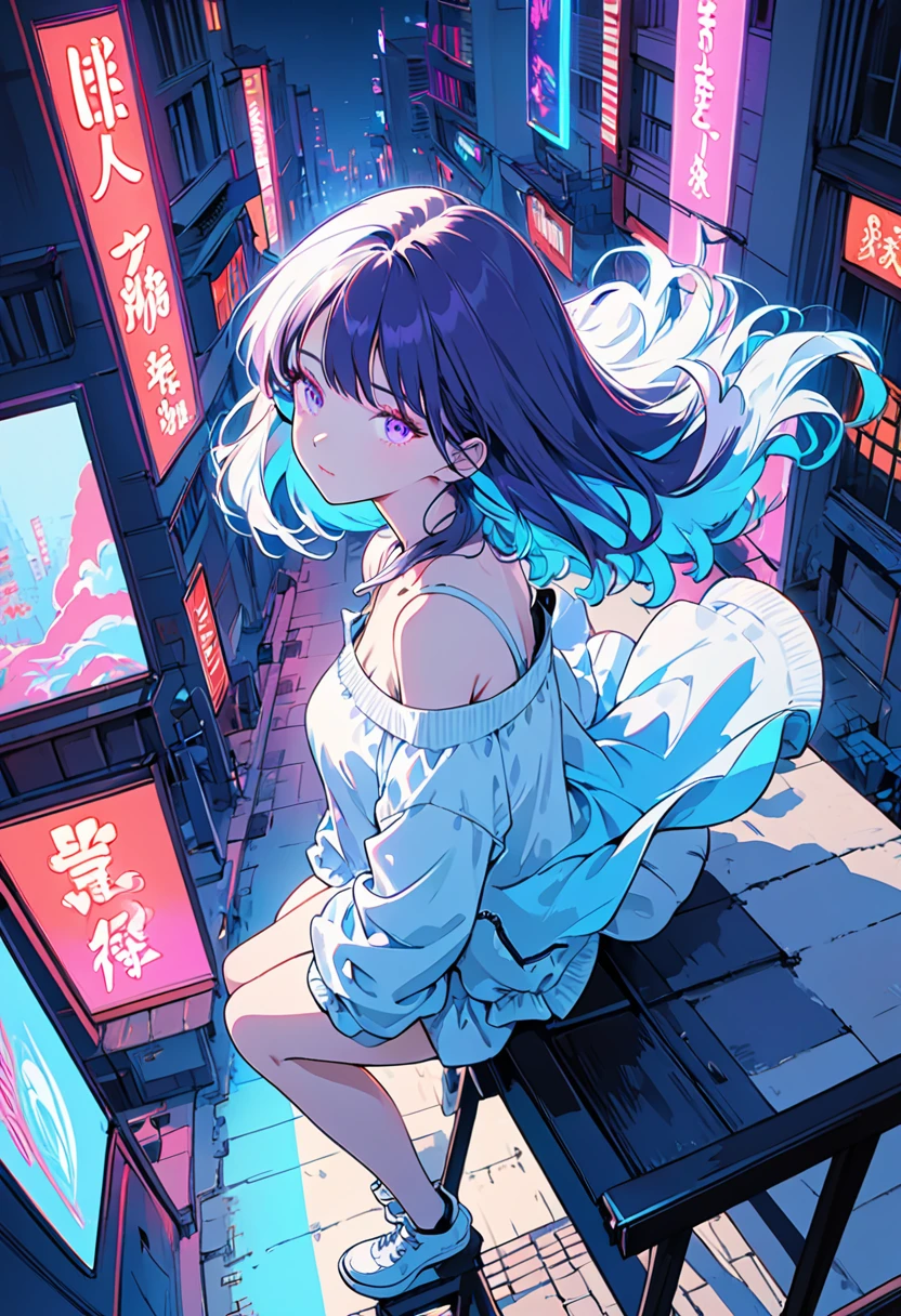 masterpiece,best quality,1 synth wave style girl,blue outline,streets with neon lights,blue fluorescent coatings,solo,from above,cowboy shot,sitting on the top of the building,extremely detailed CG,flat color,limited palette,noline art,silhouette,partially colored,alternate color,dynamic angle,blue long upper shan,dark violet shadow,synth wave,chromatic aberration,(solo focus),perfect shadow,wearing an off- shoulder floating jacket,delicate face,bare shoulder,beautiful and delicate eyes,delicate background,blue neon light,