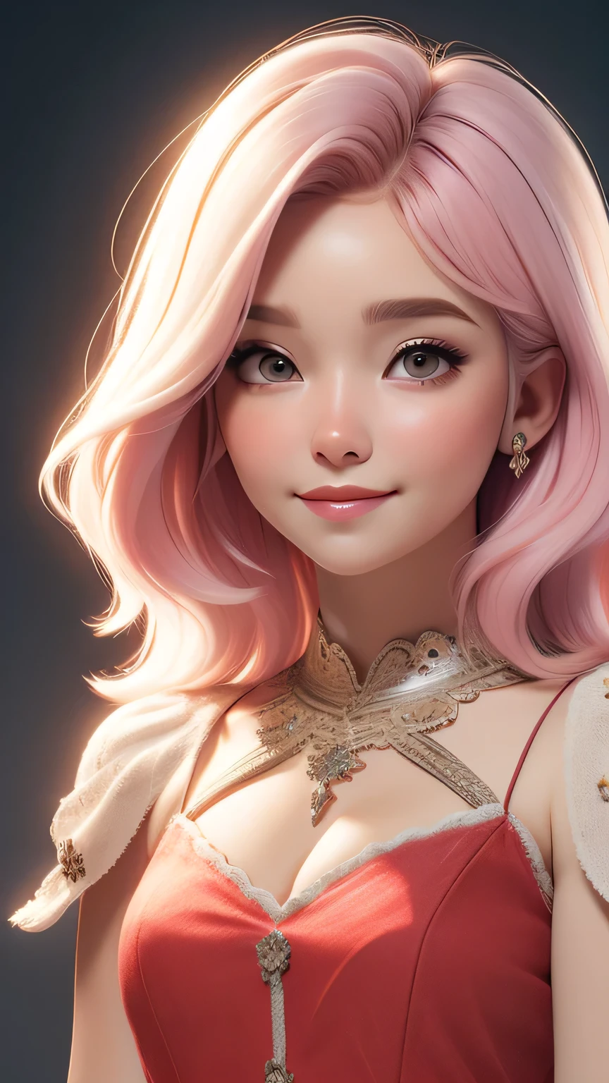 Medium body shot,dynamic lighting, sunny field)), (cute:1.3), pink hair, (pale skin:1.1), (soft smiling:1.1), detailed face, detailed gray eyes, detailed skin texture,red dress, on park, sun ray, by ilya kuvshinov, nina masic, sharp focus, natural lighting, subsurface scattering, f2, ornate, 35mm, Luminism, cinematic lighting, wide shot, retina, textured skin, anatomically correct, best quality, award winning