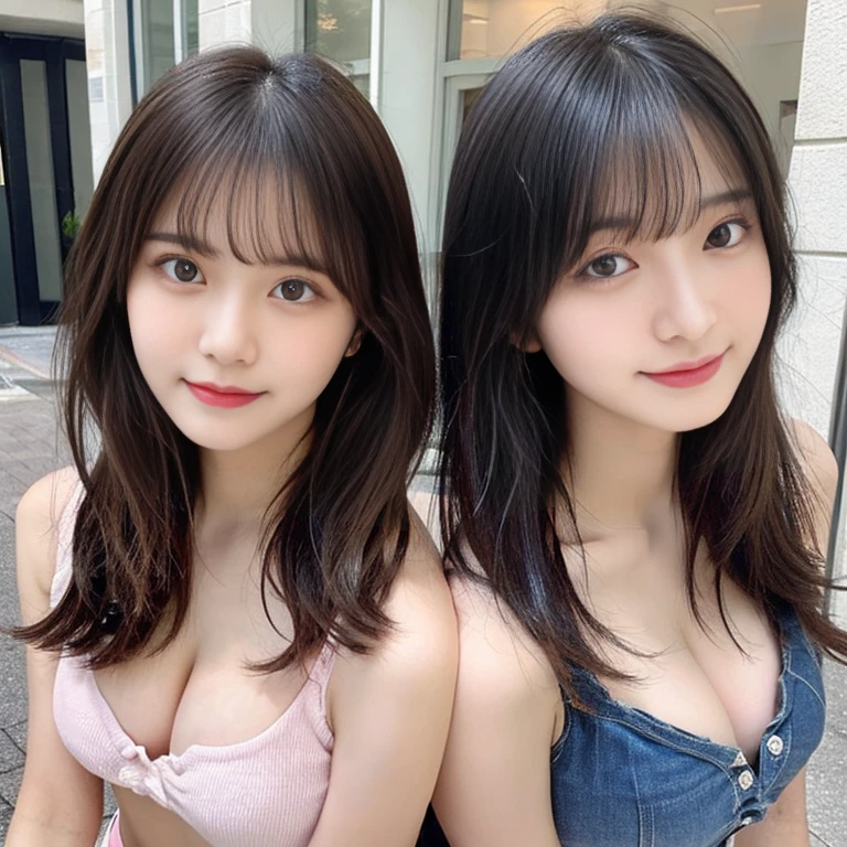 Twin girls, (beautiful girl, Delicate girl:1.3),Two Girls Camisole, Exposing shoulders, Cleavage, Crop top, cut off, Denim shorts, abdomen, Short shorts,
(street:1.2),
Very beautiful eyes, (Symmetrical eyes:1.3),
(One has small breasts, Pink eyes, Parted bangs, Blonde,short hair), (Upper teeth, best smile:0.2),
(One has a large chest,Black eyes,Black Hair,Long Hair), (Eye and facial details:1.0),
(masterpiece, Highest quality, Very detailed, Detailed face, 8k),blush, smile,Leaning forward,wariza,Front view,looking at the camera