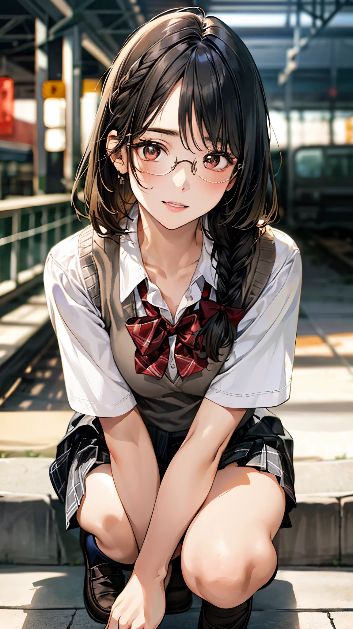((Lace panties)),((high school girl)),((school uniform)),((White blouse)),(((Pleated mini skirt))), ((A shy smile)),((Beautiful legs)),((Beautiful feet)),((squat)),Ultra-high resolution, Mature Woman, Mature Woman, Very detailed, ((Small breasts)), Perfect hands, Detailed fingers, Beautiful details, (((Glasses))),((Long black hair)),((Twin tails)),Black choker, Earrings,loafers,(Black Pantyhose), (Black Stockings),Perfect Eyes, Seductive eyes, School stairs,