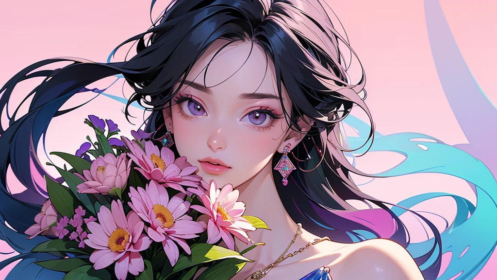 32K, 最高quality, 最高masterpiece, (ultra-Detailed Background, Detailed Background), High resolution, Super detailed, Very detailedな, One girl, (bouquet:1.3), (Tangled:1.2), (Geometric:1.2),(colorful),(masterpiece, quality, best quality, Official Art, Beautiful and beautiful:1.2), (1 girl:1.3), Very detailed,(colorful:1.1)(Flowers:1.3),Most detailed,(Tangled:1.2), whole body, (Abstract background:1.3), (Skin glows), (Many colors:1.4), ,(Earrings Jewelry:1.5), Gradient pink background,