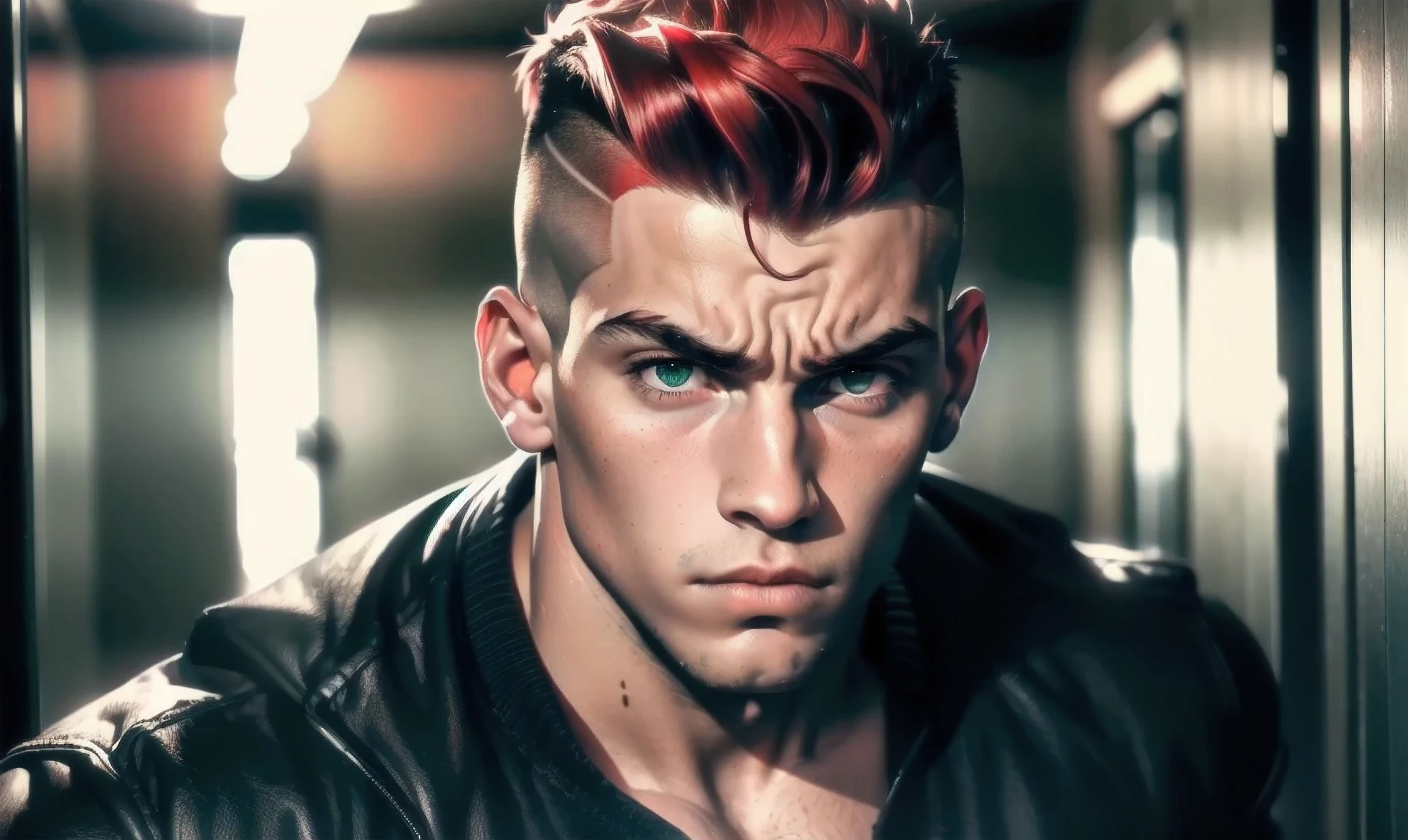 "((highly detailed, detailed eyes, detailed face, clear and realistic facial features, photorealistic, realistic light; cinematic)), (1 man), ((((school hallway background)))), (((gorgeous buff tough bully male))), ((18-year-old age male)), ((((glaring expression)))), ((intimidating mood)), ((blue-green eyes)), ((short black hair with an undercut)), (((dressed to look attractive))), ((bright red tint in hair))."