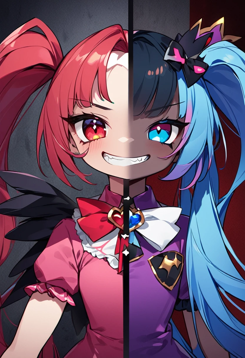 ((Highest quality)), ((masterpiece)), (be familiar with), Perfect face 1 girl, alone, Long Hair, View your viewers, bangs, blue eyes, Red eyes, gloves, dress, bow, Twin tails, jewelry, Blue Hair, Redhead, wing, The Shining, Heterochromia iridis, Magical girl, Grit your teeth, 2. Heavy personality, black wing, Dark person, conversion, corruption, Split Theme