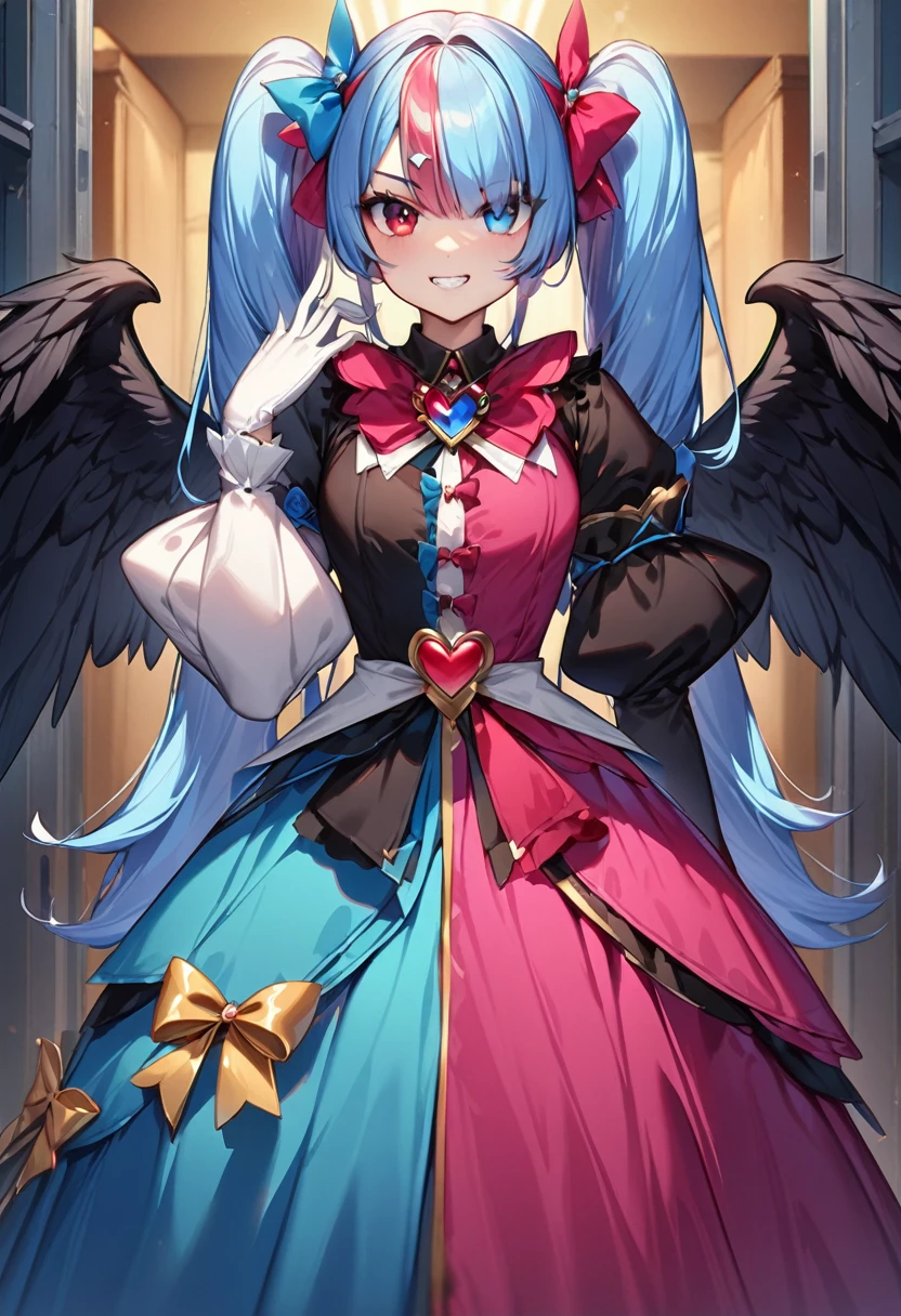 ((Highest quality)), ((masterpiece)), (be familiar with), Perfect face 1 girl, alone, Long Hair, View your viewers, bangs, blue eyes, Red eyes, gloves, dress, bow, Twin tails, jewelry, Blue Hair, Redhead, wing, The Shining, Heterochromia iridis, Magical girl, Grit your teeth, 2. Heavy personality, black wing, Dark person, conversion, corruption, Split Theme