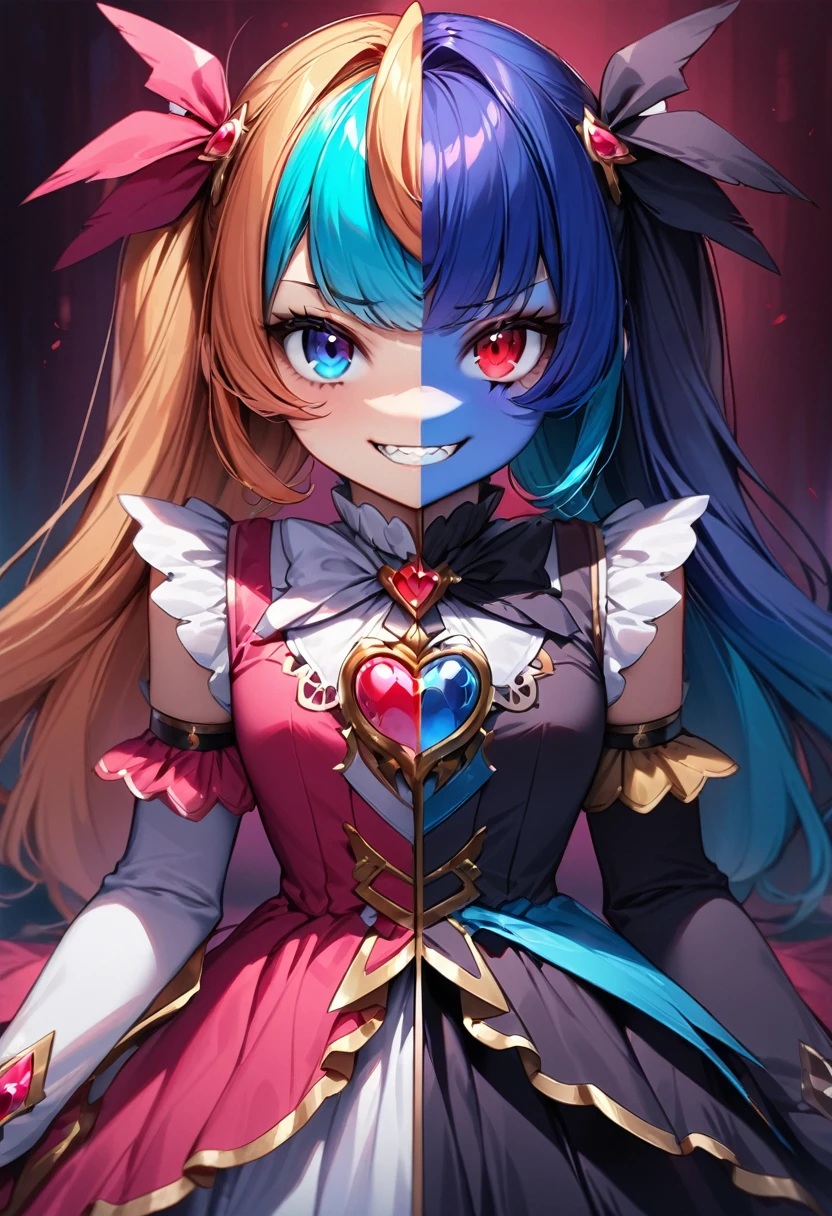 ((Highest quality)), ((masterpiece)), (be familiar with), Perfect face 1 girl, alone, Long Hair, View your viewers, bangs, blue eyes, Red eyes, gloves, dress, bow, Twin tails, jewelry, Blue Hair, Redhead, wing, The Shining, Heterochromia iridis, Magical girl, Grit your teeth, 2. Heavy personality, black wing, Dark person, conversion, corruption, Split Theme
