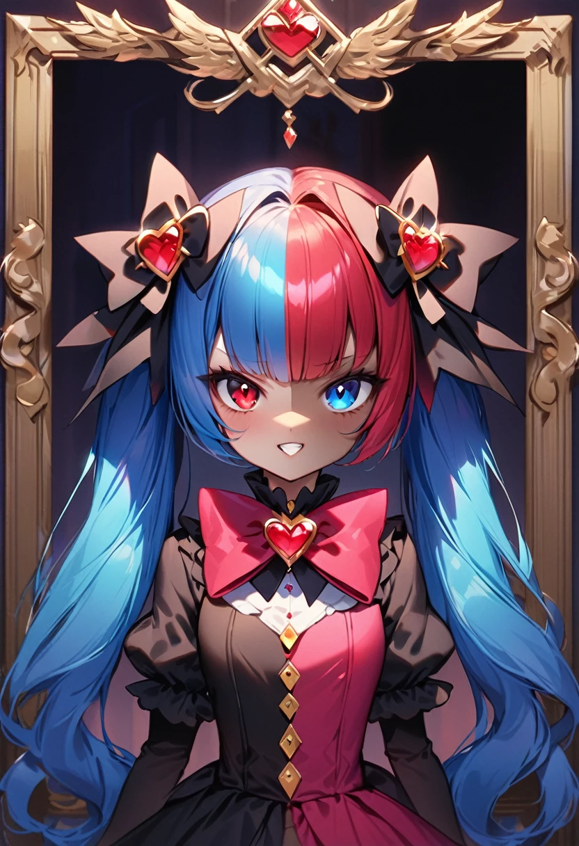 ((Highest quality)), ((masterpiece)), (be familiar with), Perfect face 1 girl, alone, Long Hair, View your viewers, bangs, blue eyes, Red eyes, gloves, dress, bow, Twin tails, jewelry, Blue Hair, Redhead, wing, The Shining, Heterochromia iridis, Magical girl, Grit your teeth, 2. Heavy personality, black wing, Dark person, conversion, corruption, Split Theme