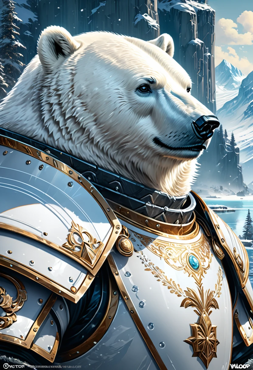 Anthropomorphic Polar Bear knight Official Art – An Award-Winning Digital Masterpiece In 4K Ultra HD, Extreme Detail And Intricate Realism. Symmetrical Face. This Concept Art Brought To Life By The Hands Of Artists Like Wlop & Artgerm In A Stunning 2D Vector Illustration.Background Is A Panoramic Vista.

