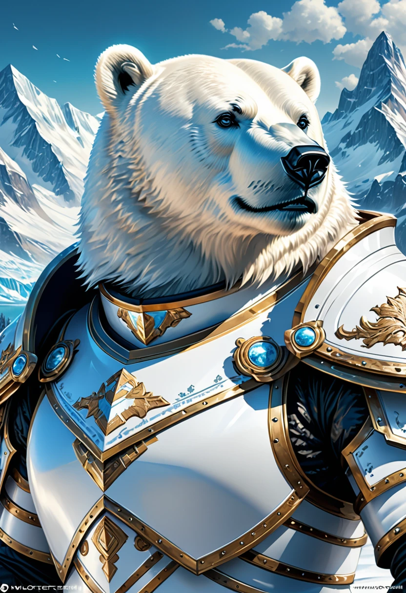 Anthropomorphic Polar Bear knight Official Art – An Award-Winning Digital Masterpiece In 4K Ultra HD, Extreme Detail And Intricate Realism. Symmetrical Face. This Concept Art Brought To Life By The Hands Of Artists Like Wlop & Artgerm In A Stunning 2D Vector Illustration.Background Is A Panoramic Vista.