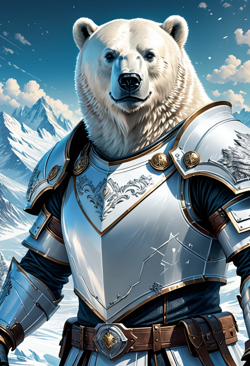 Anthropomorphic Polar Bear knight Official Art – An Award-Winning Digital Masterpiece In 4K Ultra HD, Extreme Detail And Intricate Realism. Symmetrical Face. This Concept Art Brought To Life By The Hands Of Artists Like Wlop & Artgerm In A Stunning 2D Vector Illustration.Background Is A Panoramic Vista.