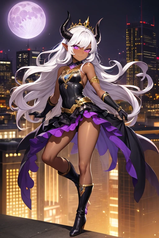 ((best quality)), ((masterpiece)), (detailed), 1 girl, full body, 20s, very dark skin, dark elf, african american, flirty face, young adult, evil smile, purple eyes, moons in eyes, black sclera, white hair, somewhat wavy hair, long hair, bangs, blushing, medium breasts, small braid, gold necklace, crown, very small black horns, purple and white witch dress, bare arms, cloth on arms, seductive legs, purple boots, fan, golden wristbands, purple gloves, city background, magic, anime