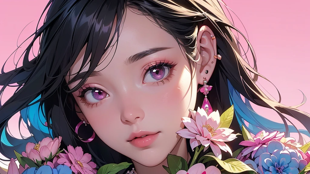 32K, 最高quality, 最高masterpiece, (ultra-Detailed Background, Detailed Background), High resolution, Super detailed, Very detailedな, One girl, (bouquet:1.3), (Tangled:1.2), (Geometric:1.2),(colorful),(masterpiece, quality, best quality, Official Art, Beautiful and beautiful:1.2), (1 girl:1.3), Very detailed,(colorful:1.1)(Flowers:1.3),Most detailed,(Tangled:1.2), whole body, (Abstract background:1.3), (Skin glows), (Many colors:1.4), ,(Earrings Jewelry:1.5), Gradient pink background,