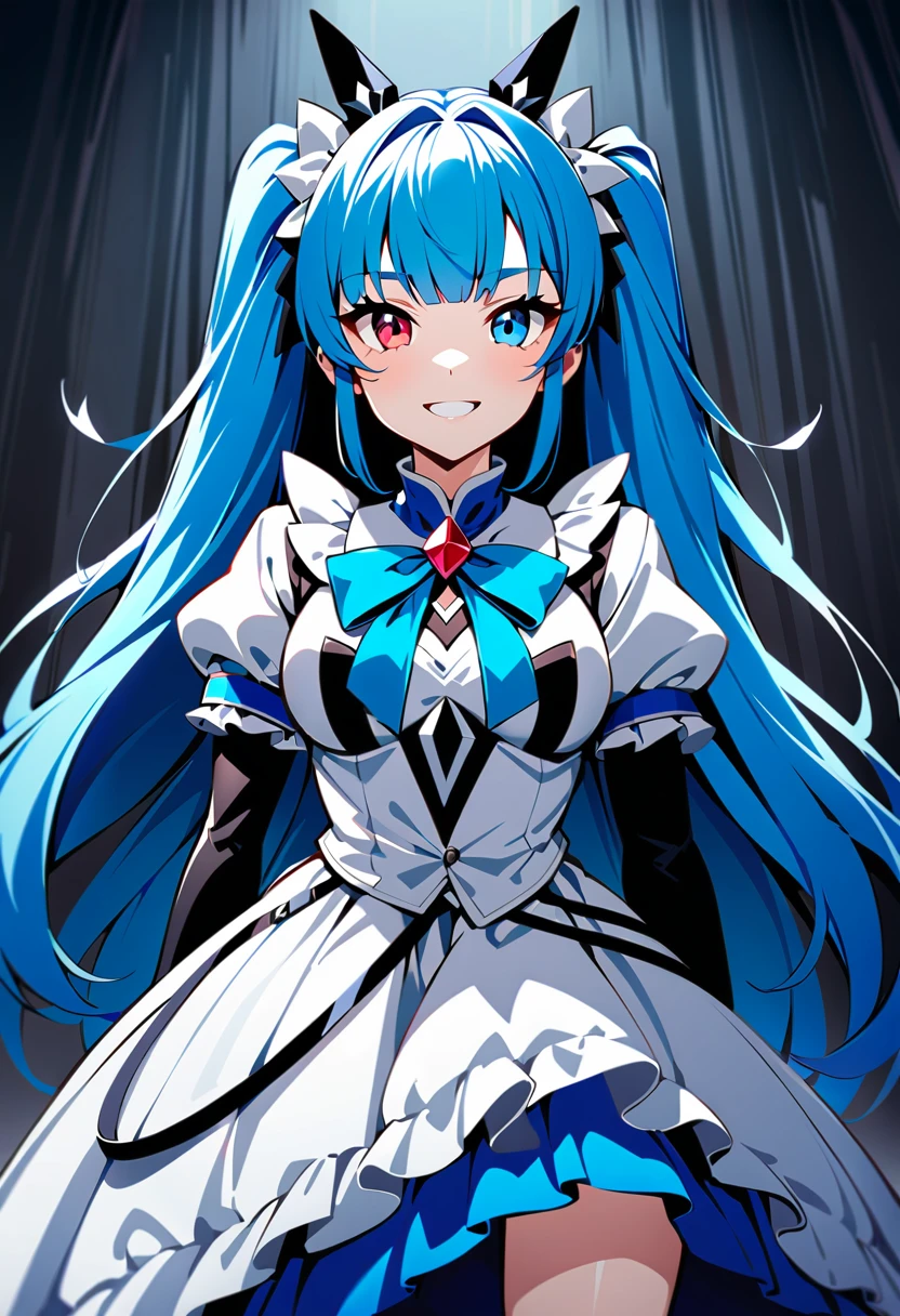 ((Highest quality)), ((masterpiece)), (be familiar with), Perfect face 1 girl, alone, Long Hair, View your viewers, bangs, blue eyes, Red eyes, gloves, dress, bow, Twin tails, jewelry, Blue Hair, Redhead, wing, The Shining, Heterochromia iridis, Magical girl, Grit your teeth, 2. Heavy personality, black wing, Dark person, conversion, corruption, Split Theme