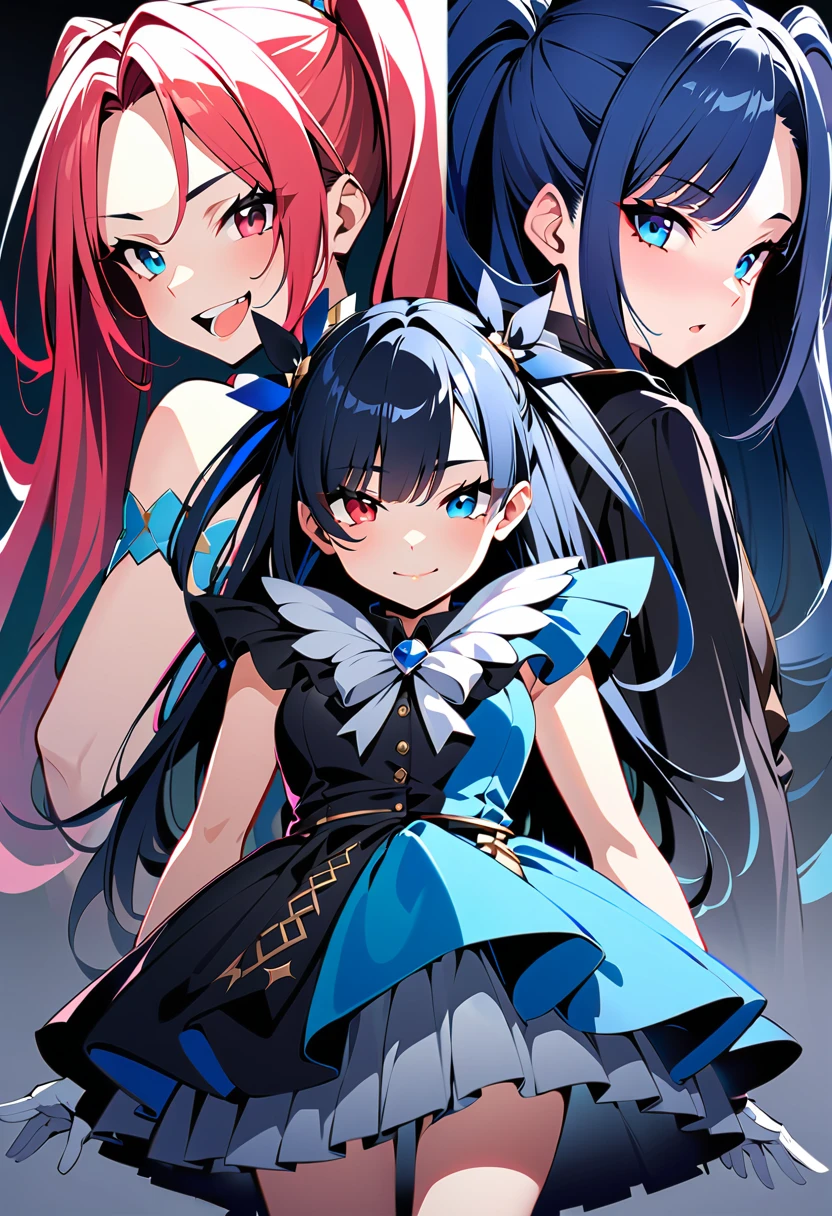 ((Highest quality)), ((masterpiece)), (be familiar with), Perfect face 1 girl, alone, Long Hair, View your viewers, bangs, blue eyes, Red eyes, gloves, dress, bow, Twin tails, jewelry, Blue Hair, Redhead, wing, The Shining, Heterochromia iridis, Magical girl, Grit your teeth, 2. Heavy personality, black wing, Dark person, conversion, corruption, Split Theme