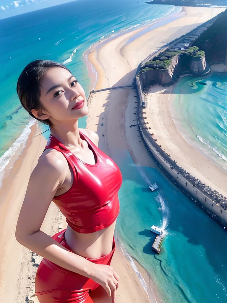 1girl, solo, (uniform), standing, at the beach, beautifully ocean scenery, cute little smirk, detailed eyes, thick medium breasts, smooth realistic skin, red tight latex tanktop, red latex hot pants, looking at the audience, (Overhead shot:1.3), (zoom out:1.4), (8k, RAW photo, best quality, masterpiece: 1.2), (realistic, realistic: 1.37), ultra-high resolution