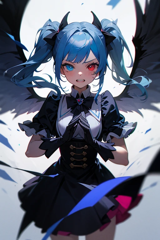 ((Top Quality)), ((Excellent)), (Detailed), Perfect face 1 girl, alone, long hair, looking at viewer, bangs, blue eyes, red eyes, gloves, dress, bow, pigtails, jewelry, blue hair, redhead, wings, shining, heterochromia iridum, magical girl, clenching teeth, 2 heavy personality, black wings, dark person, transformation, corruption, split theme