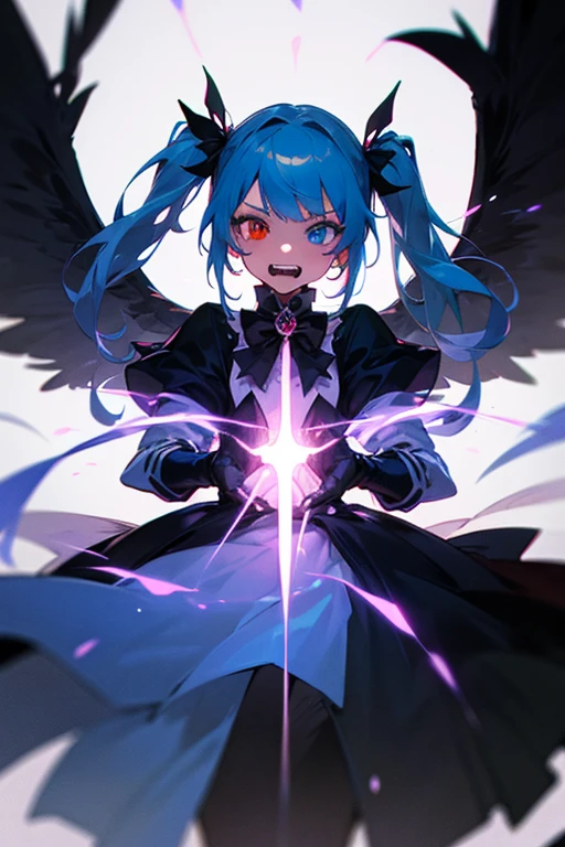 ((Top Quality)), ((Excellent)), (Detailed), Perfect face 1 girl, alone, long hair, looking at viewer, bangs, blue eyes, red eyes, gloves, dress, bow, pigtails, jewelry, blue hair, redhead, wings, shining, heterochromia iridum, magical girl, clenching teeth, 2 heavy personality, black wings, dark person, transformation, corruption, split theme